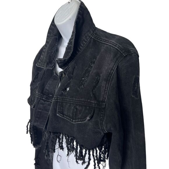 TRADE MARK American Bazi Black Denim Jean Premium Quality Cropped Fringe Size L - Picture 3 of 7